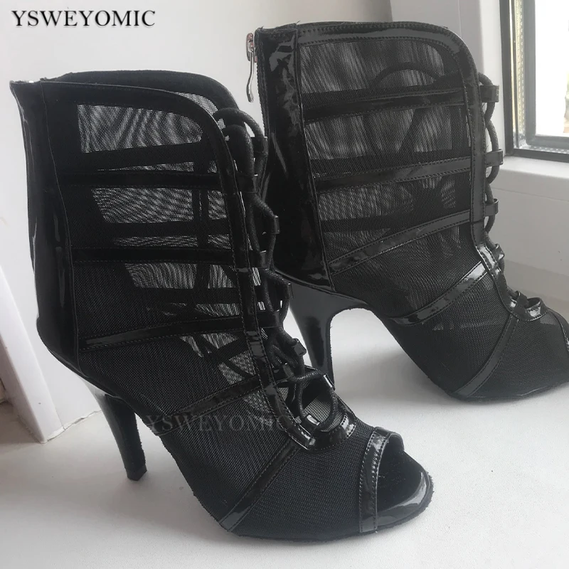 Black PU leather Salsa Dance Booties Jazz Tango Outdoor Indoor Practice Latin Dance Shoes for Dancing Women Latin Booties 10cm