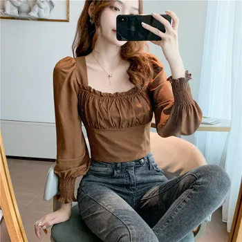 

COIGARSAM French Style Chiffon blouse women New Spring Vintage Hollow Out blusas womens tops and blouses Brown White Navy 1199