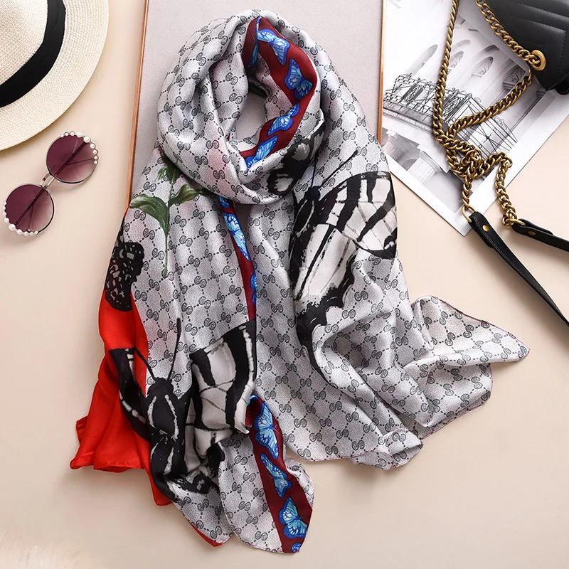 Luxury Silk Scarf Women Soft Foulard Pashmina Scarves Butterfly Print Shawls Wraps Hijab Female Neck Headband Bufanda Stole