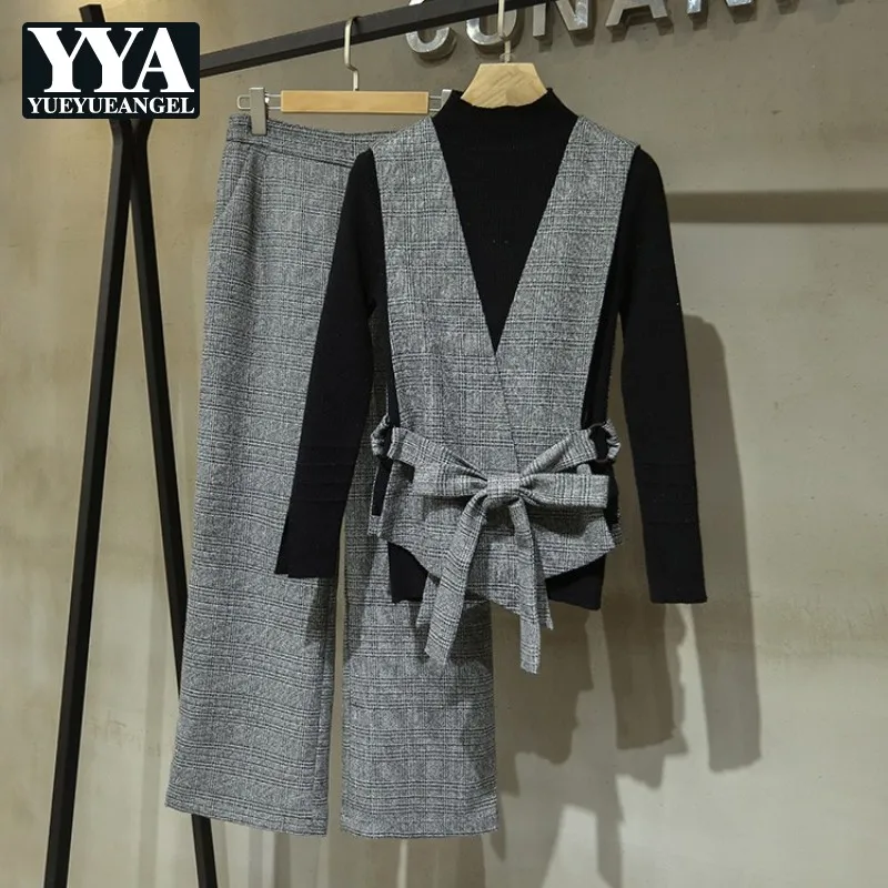 

Autumn OL Style Women Solid Color Half Turtleneck Knitting Sweater Slim Vest Plaid Wide Leg Pants 3 Piece Sets Office Pants Set