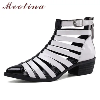 

Meotina Summer Boots Women Gladiator Shoes Natural Genuine Leather Buckle Block Heel Shoes Cutout Zipper Pumps Female Size 34-42