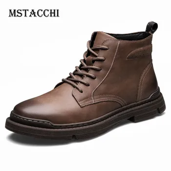 

MStacchi High Quality Genuine Leather Wearproof High-Top Men's Vulcanized Shoes Round Toe Wedges Solid Color Men's Casual Shoes