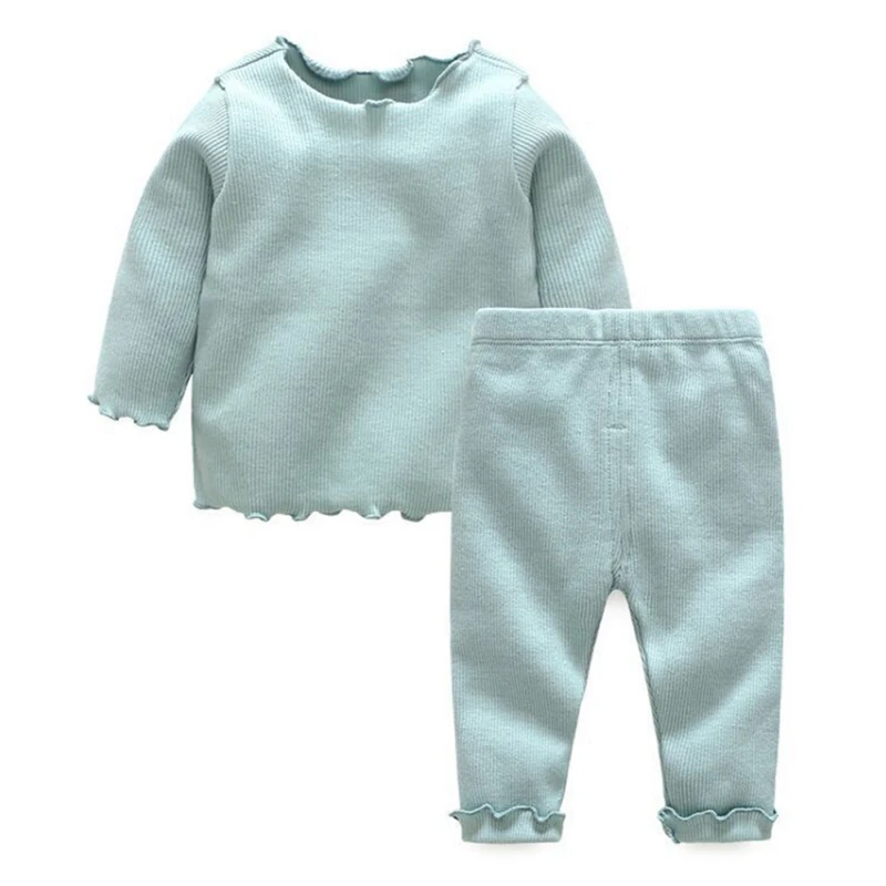 1Pc Baby Kids Girls Boys Long Sleeve Blouse+Pants Wave lace Pajamas Cotton pure colour Sleepwear Set