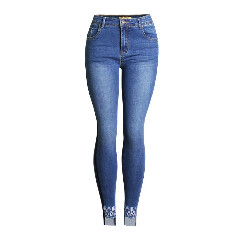 

European Autumn Winter New women's Jeans Half-rising Waist Stretch Slim Fit Embroidered Denim Pencil Pants