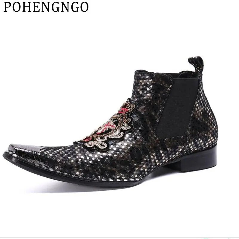 

Fashion New Embroidered Men Office Cowboy Boots Sequins Dress Wedding Boots Plus-size Men Casual High-top Martin Boots