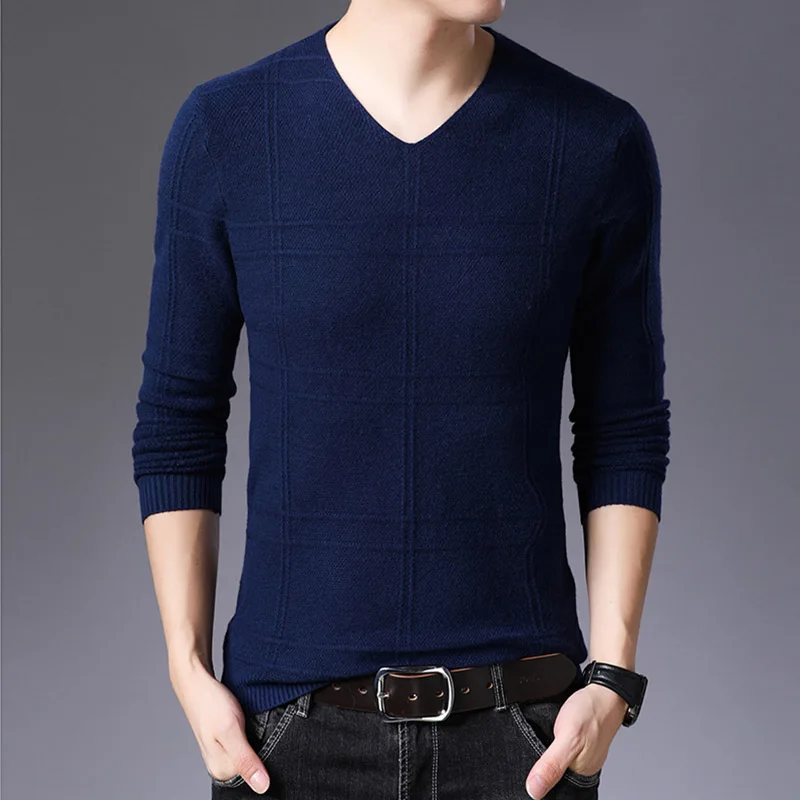 AIRGRACIAS 2019 Autumn Casual Men Sweater V-Neck Plaid Slim Fit Knittwear Mens Sweaters Pullovers Pullover Men Pull Homme M-4XL