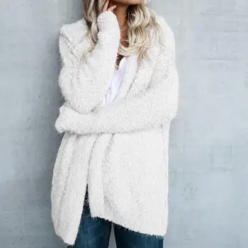 

Solid Color Warm Fluffy Cardigan Winter Fashion Women Soft Hooded Md-long Coat