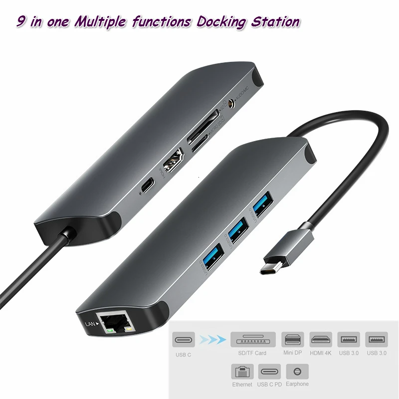 

9 In One Docking Station TYPE-C Multiple Functions Carbon Alloy USB 3.0 HDMI For Samsung Macbook Pro DELL Surface