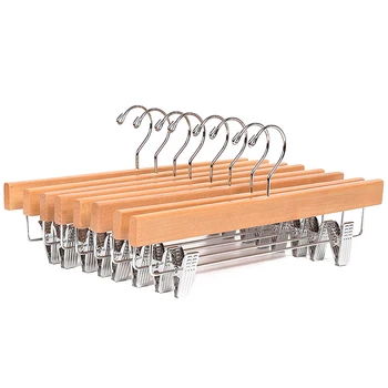 

10 Wooden Pants Hanger Lower Hanger Jeans Hanger Skirt Hanger Belt with 2 Adjustable Clips, Wood