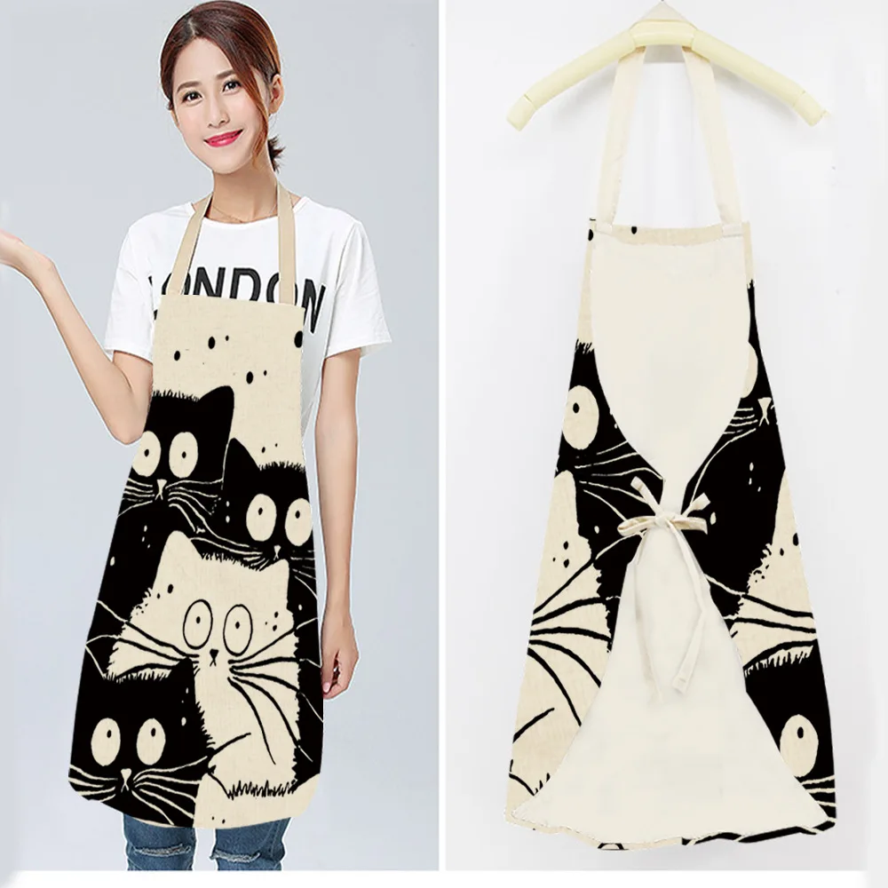 1Pcs Kitchen Apron Funny Dog Bulldog Cat Printed Sleeveless Cotton Linen Aprons for Men Women Home Cleaning Tools 55x68cm