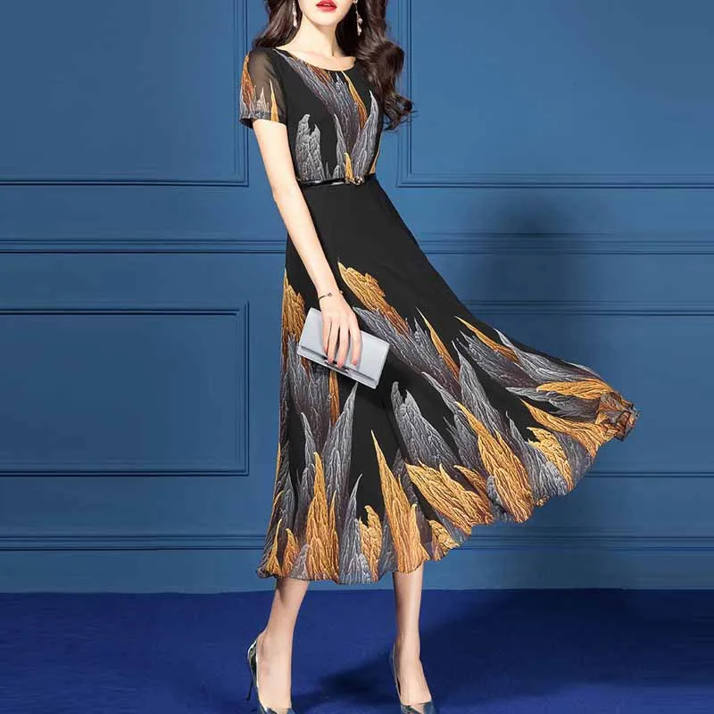 

Chiffon Dress Summer Women's 2019 New Style Popular Printed Dress Slim Fit Slimming Short Sleeve Big Skirt Children Summer