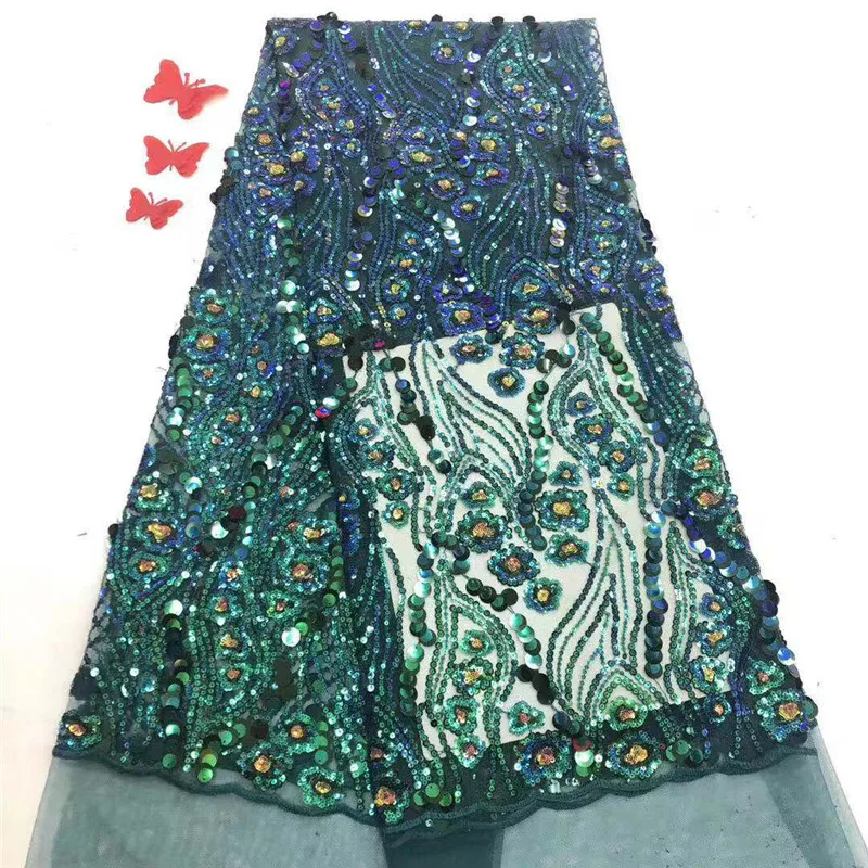 

African Lace Fabric 2019 High Quality Lace Sequins French Net Lace Tulle Mesh Fabrics Latest Green Lace Fabrics