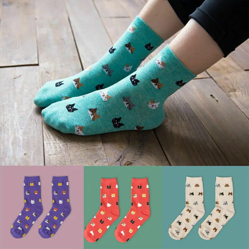 Модные теплые женские милые носки с изображением кота, хлопковые носки с изображением мультяшных животных, 5 цветов, 1 пара, одежда на весну и осень
