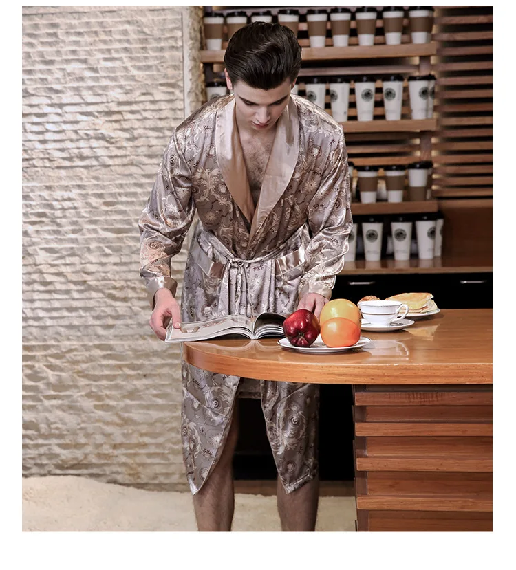 mens cotton pajama pants Ice Silk Long Sleeve Men's Pajamas Long Robes Nightgown Satin Sleepwear Loose Bathrobes Bathrobe Home Clothes 2021 silk sleepwear