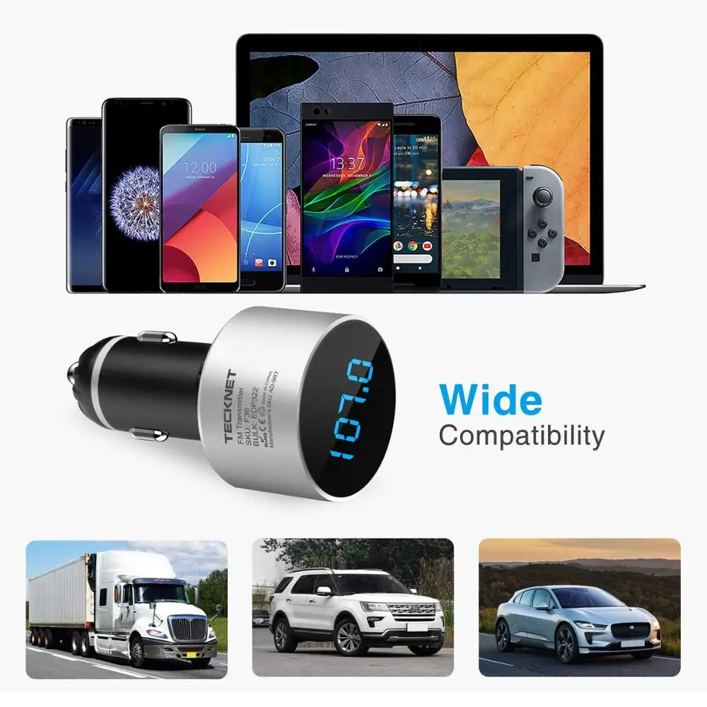 TeckNet 5 В/2.1A USB Автомобильное зарядное устройство с fm-передатчиком Bluetooth Handsfree FM модулятор зарядное устройство для телефона в автомобиле для iPhone Xiaomi