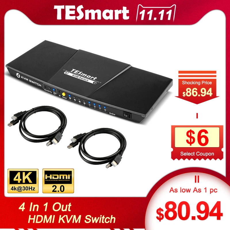 TESmart 4 Порты и разъёмы USB HDMI KVM переключатель 4x1 KVM переключатель HDMI Поддержка 3840*2160/4 K * 2 K дополнительный USB 2,0 Порты и разъёмы с 2 предмета 5ft KVM