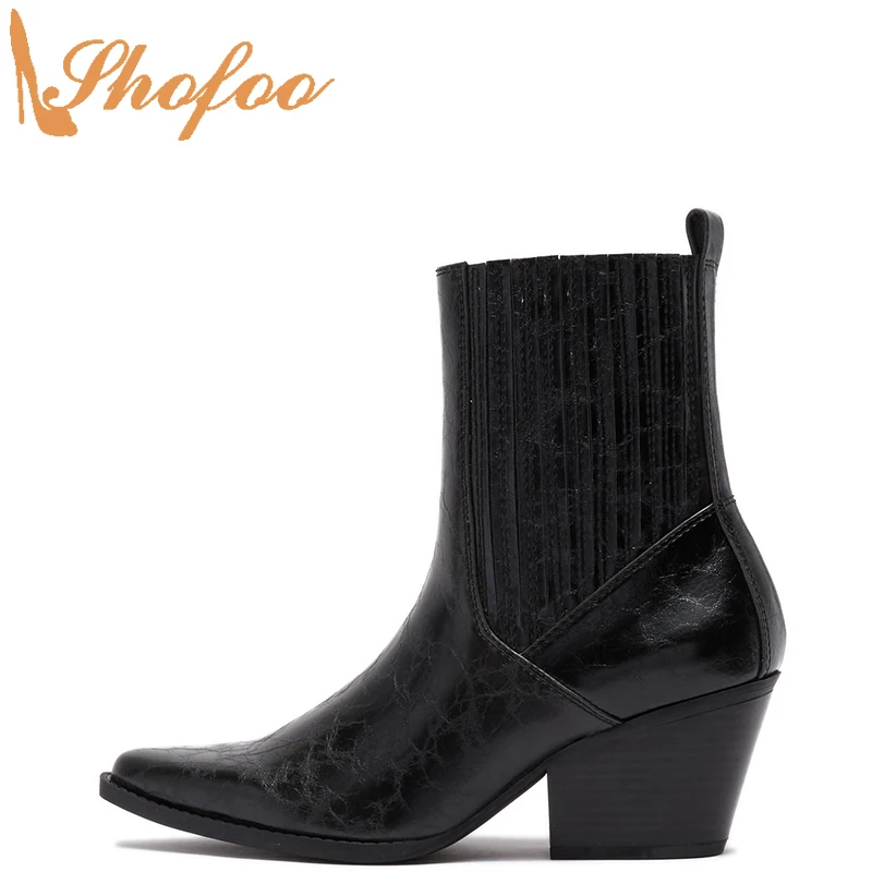

Black Marble Texture Woman Ankle Western Boots High Chunky Heels Pointed Toe Booties Ladies Fashion Big Size 12 16 Shoes Shofoo