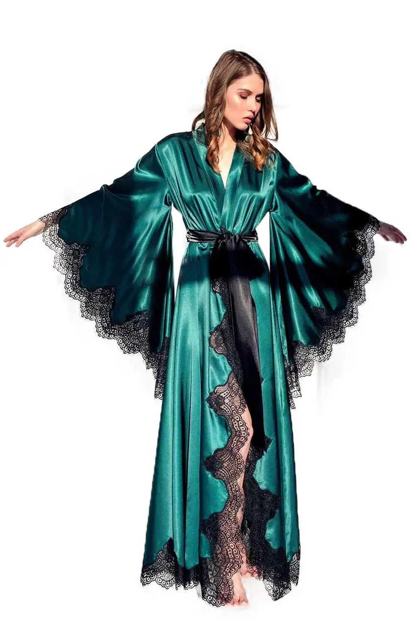 Women's Luxury Long Silk Boudoir Satin Robe Lace Robe with Floor Length Long Kimono Robe