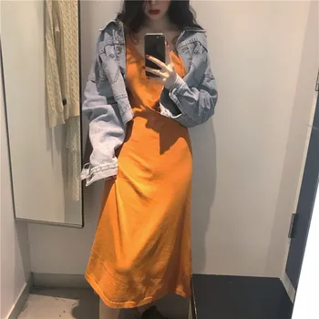 

Women New Fashion 2pc Dress Sets Female 2020 Spring Sexy Spaghetti Straps A Line Dress Vintage Denim Jacket Sexy Two Pieces Sets