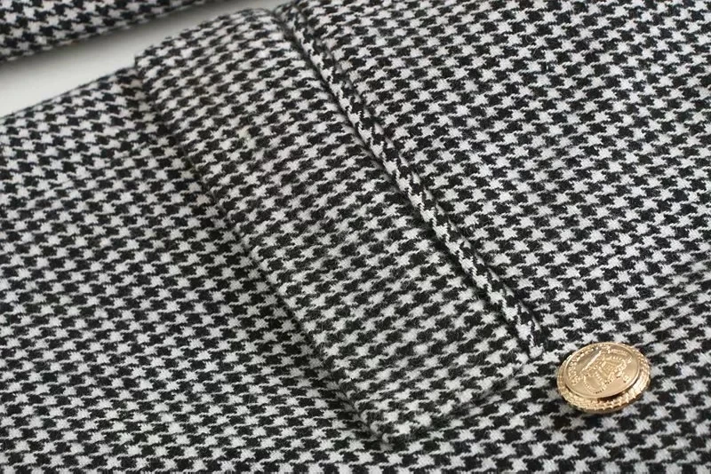 Женский формальный твидовый блейзер с узором «гусиная лапка», двубортный пиджак с длинным рукавом и карманами, офисная одежда, повседневные топы