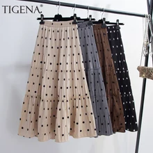 Женская длинная плиссированная юбка из бархата TIGENA, трапециевидная юбка макси с высокой талией в горошек для женщин на осень-зиму