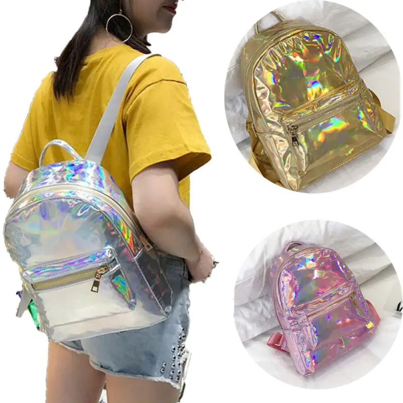 Nueva moda las mujeres las niñas holograma cuero holográfico PU láser, mochila, bolso rosa de oro de plata