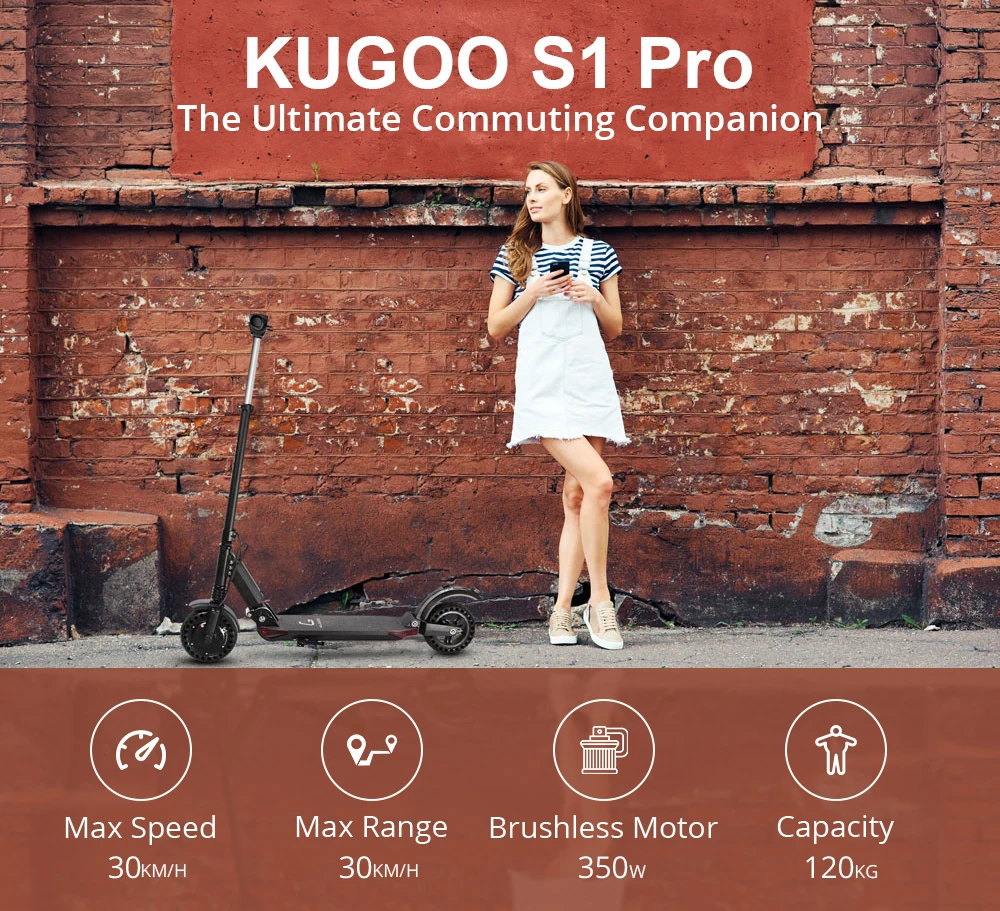 Складной электрический скутер KUGOO S1 Pro 350 Вт ЖК дисплей максимальная скорость 30
