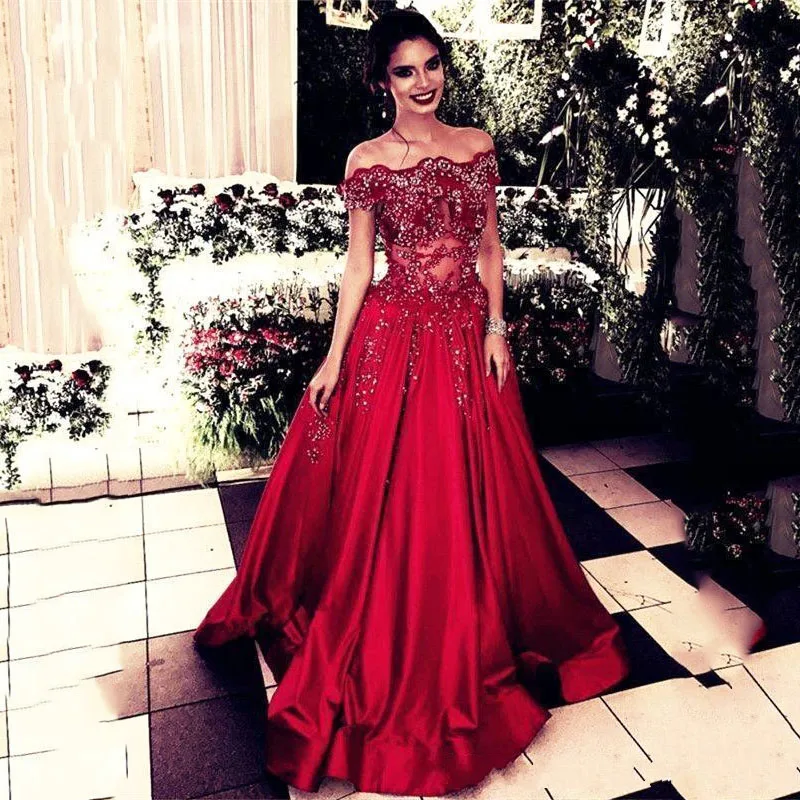 off the shoulder red prom dress