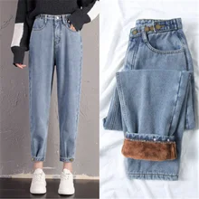 Женские флисовые джинсы Зимние Модные теплые утепленные джинсовые штаны Свободные однотонные джинсы брюки новые сексуальные уличные брюки P9229