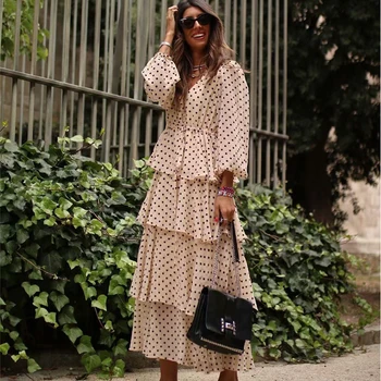 

KIYUMI Boho Dress Women's 2019 Autumn Chiffon Cupcake Dresses Dot Printed Long Sleeve V-neck Sunday Dress Street Casual Vestidos