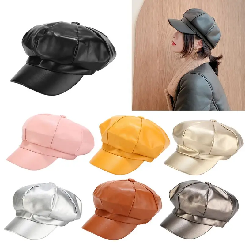 

New Imitation Leather Octagonal Cap Women Lady Classic Retro Simple Hat Outdoor Leisure Hats