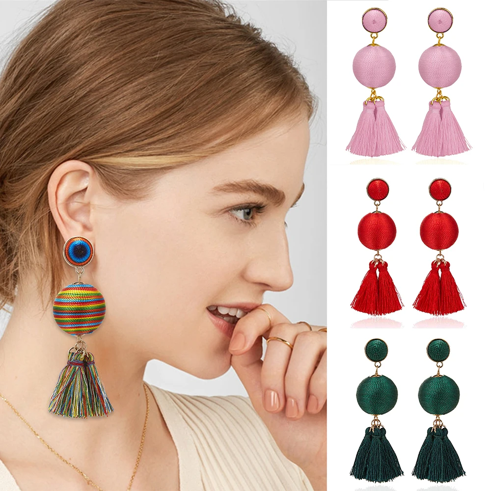 

Fashion Bohemian Long Tassel Drop Earrings Black Pink Red Silk Fabric Ball Multi Color Dangle Earrings For Women 2019 Jewelry
