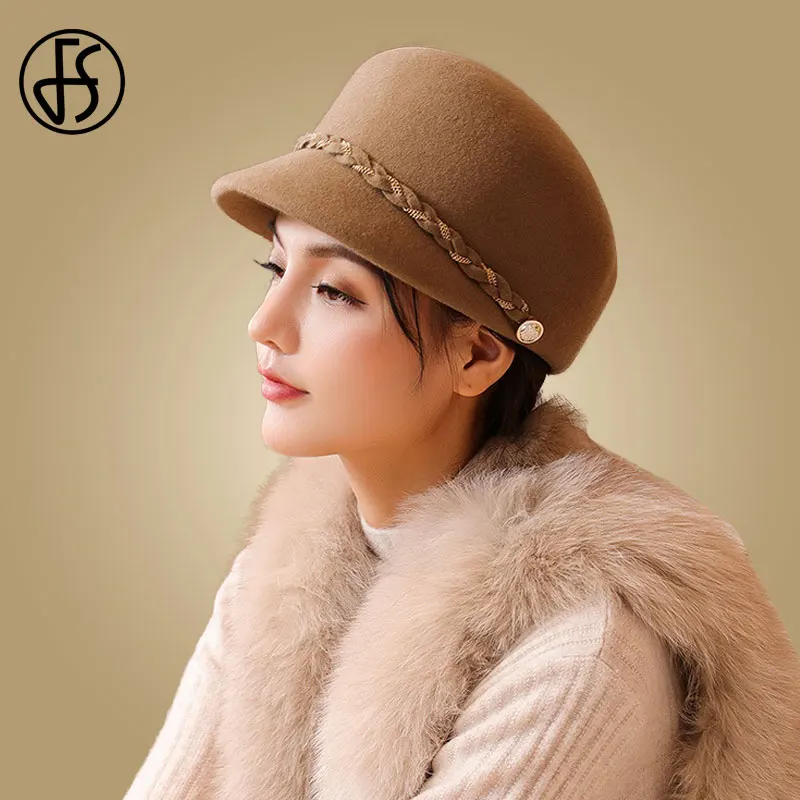 

FS Wide Brim Winter Hats For Women Wool Felt Bowler Fedora Hat Chapeau Femme Feutre Cloche Ladies Black Church Equestrian Caps