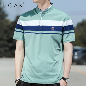 

UCAK Brand Striped Short Sleeve T-Shirt Men Clothing Summer New Arrival Tops Streetwear Turn-down Collar T Shirt Homme U5271