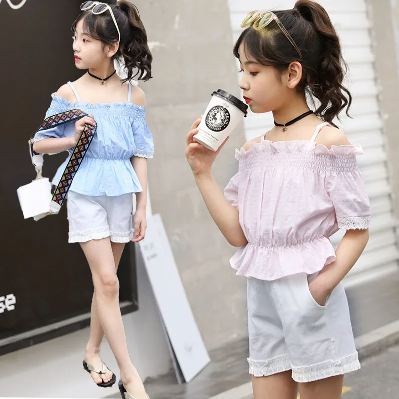

3-14 Years Old Teen Girls' Wear China Girls Boutique Clothing 2Pcs Sets Off-shoulder Tops + Short Pants Clothing