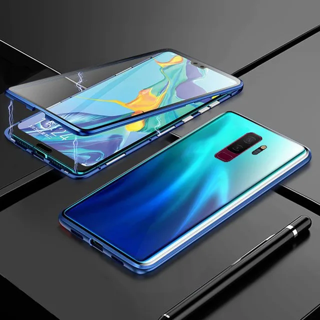 Conqe For Samsung Galaxy A7 A8 A9 Plus M30 M20 M10 Front Back Double-sided Tempered Glass Magnet Adsorption Metal Case