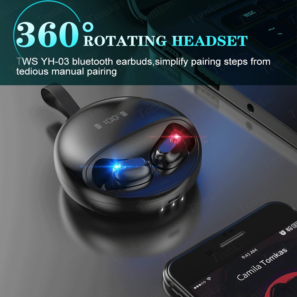 Wireless Bluetooth Headphones TWS Wireless Earphones With Mic 360 Rotation Hifi Stereo Headset Bluetooth 5.0 Earphone For Phone  (4)