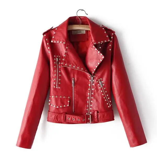 FF973 Red Новые женские мотоциклетные куртки и пальто из искусственной кожи женские с длинным рукавом PU Черные змеиные байкерские уличная верхняя одежда с поясом - Цвет: FF973 Red
