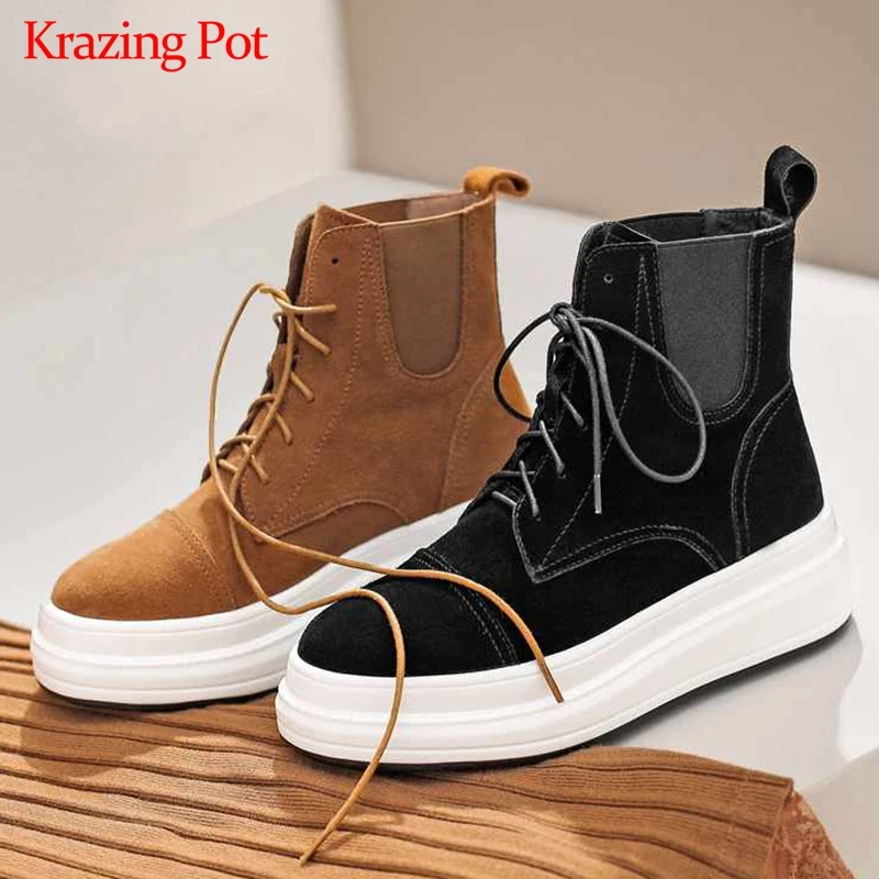 

Krazing pot new arrival 2020 cow suede cow boy gentlewomen lace up platform British school thick bottom western ankle boots L2f3
