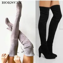 HOKSVZY/Коллекция года; сезон весна; женские высокие сапоги; сапоги до колена на высоком каблуке 8 см; Классическая обувь с острым носком; цвет серый, черный; прямая HYKL-9527