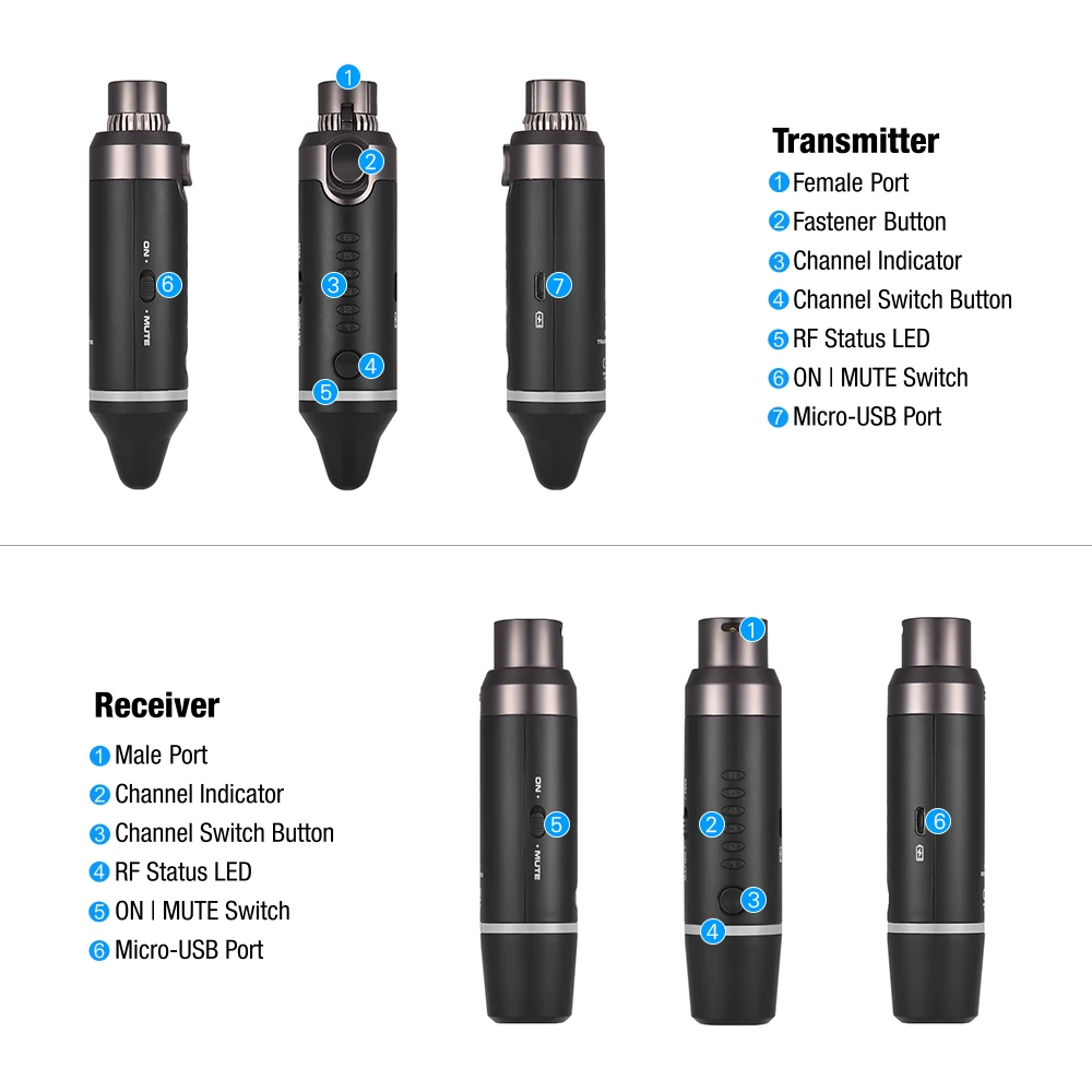 

B-4 2.4G Wireless Microphone Mic System 6 Channels XLR Connection Built-in Rechargeable Lithium Battery