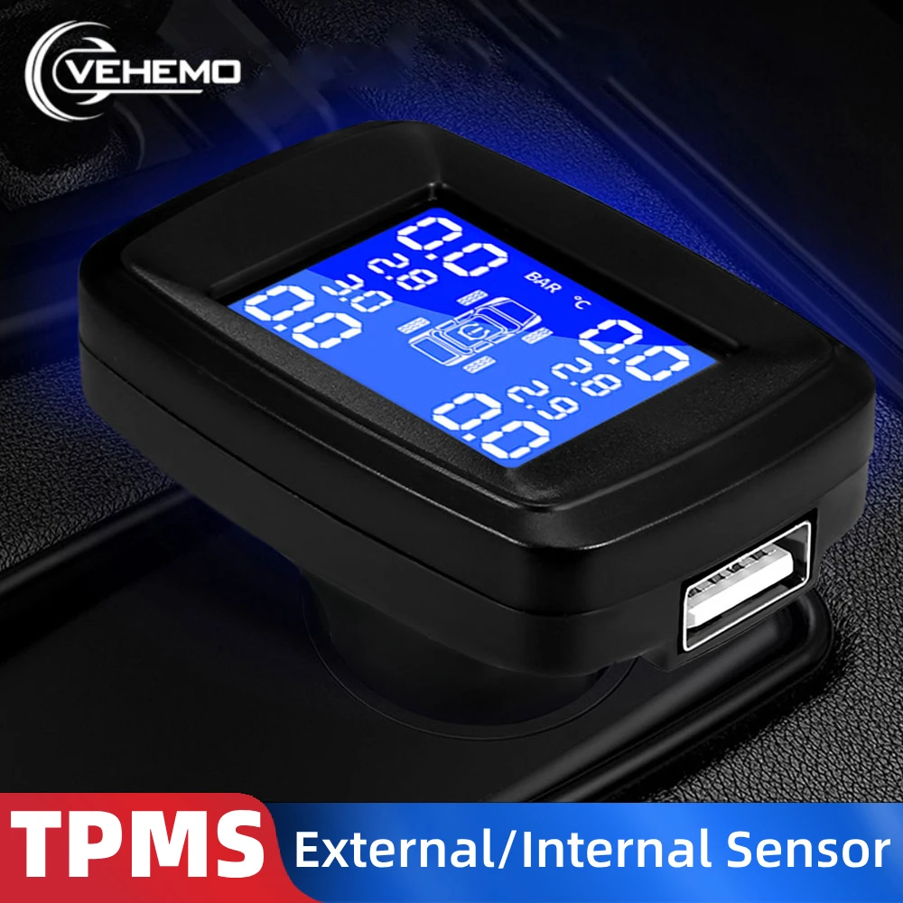Умная беспроводная система контроля давления в автомобильных шинах TPMS, 4 внешних/внутренних датчика, зажигалка, USB, монитор шин в реальном времени