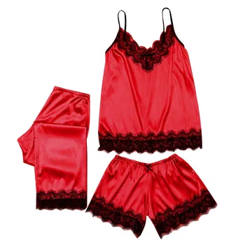 

3PC Nightwear Women Sexy Silk Lace Satin Sleepwear Sleeveless Nighties V-neck Lingerie Camisole Bow Trousers Casual Pajamas ##3