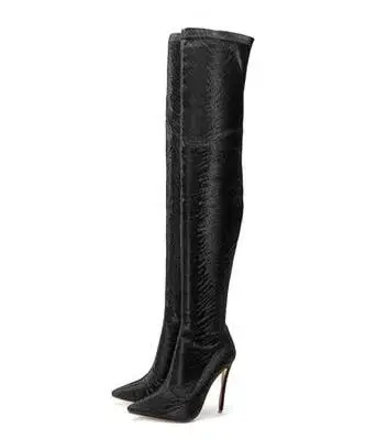 Solid Python Black Gold Blue Red Sliver Lavender Woman Slim Pointed Toe Thin Heels Over The Knee Thigh Long Elastic Boots - Цвет: as picture
