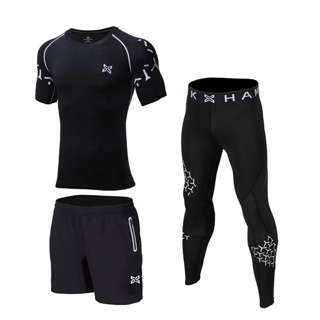 3PCS grey line set1 Мужская одежда для бодибилдинга, 3 шт., Быстросохнущий Светоотражающий Комплект для бега, компрессионные колготки, нижнее белье для баскетбола, фитнеса, тренировочный костюм - Цвет: 3PCS grey line set1