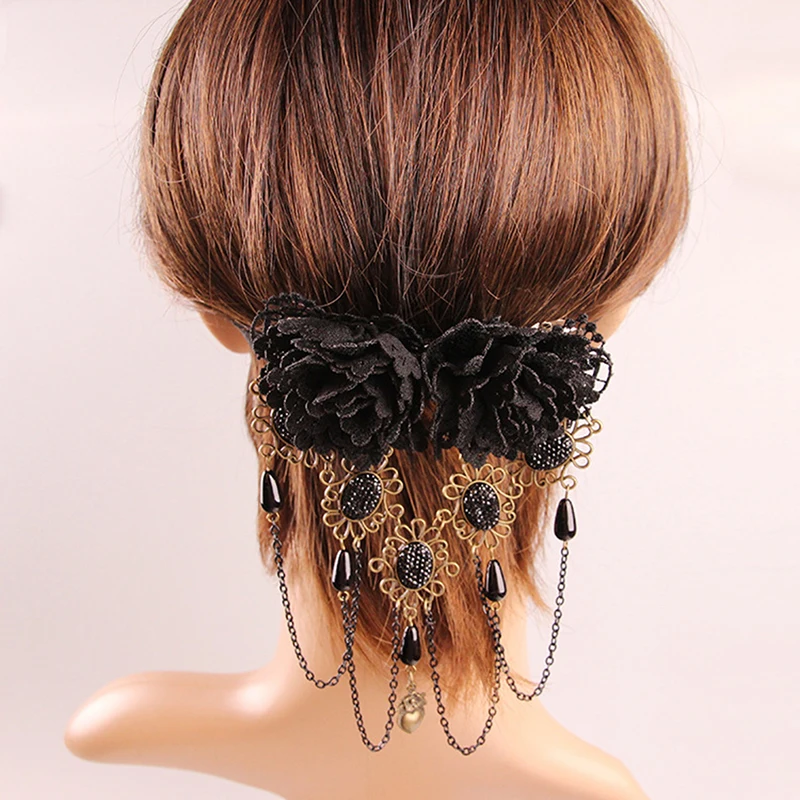 Готический Ретро головной убор заколка для волос черные цветы с бахромой кружева модные ювелирные изделия Аксессуары для винтажных волос