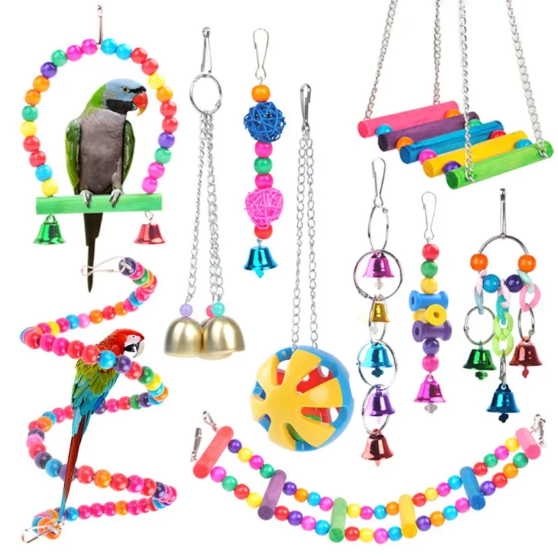Parrot Bird Set Toy Swing Bells Hanging Bridge Wooden Chewing Colorful Toys 2019 