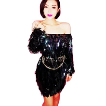 

Black Fringes Sequins One Word Collar Mini Dresses Chain Sashes Decoration Party Dress For Women Nightclub Dance Show Wear