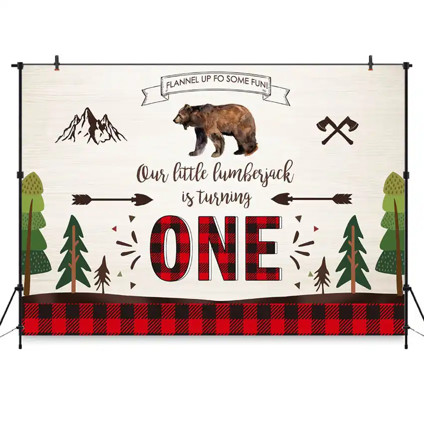 Lumberjack Backdrop Birthday Party Decoration Plaid Brown Bear
