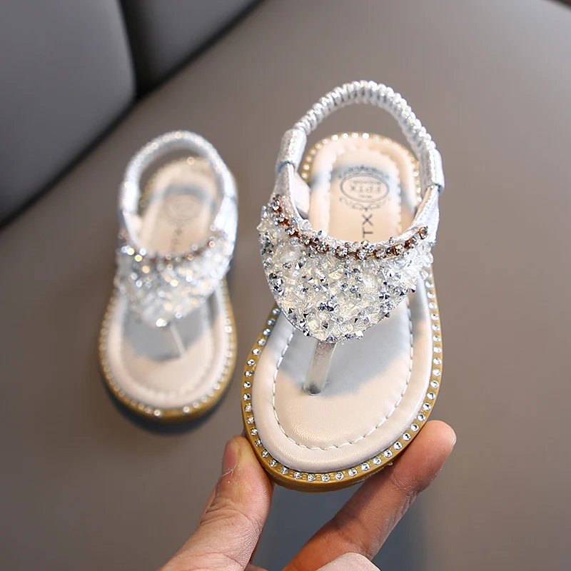 Sandalias de verano para niñas pequeñas, zapatos romanos de princesa individual con perlas de cristal sin cordones, zapatilla para niñas